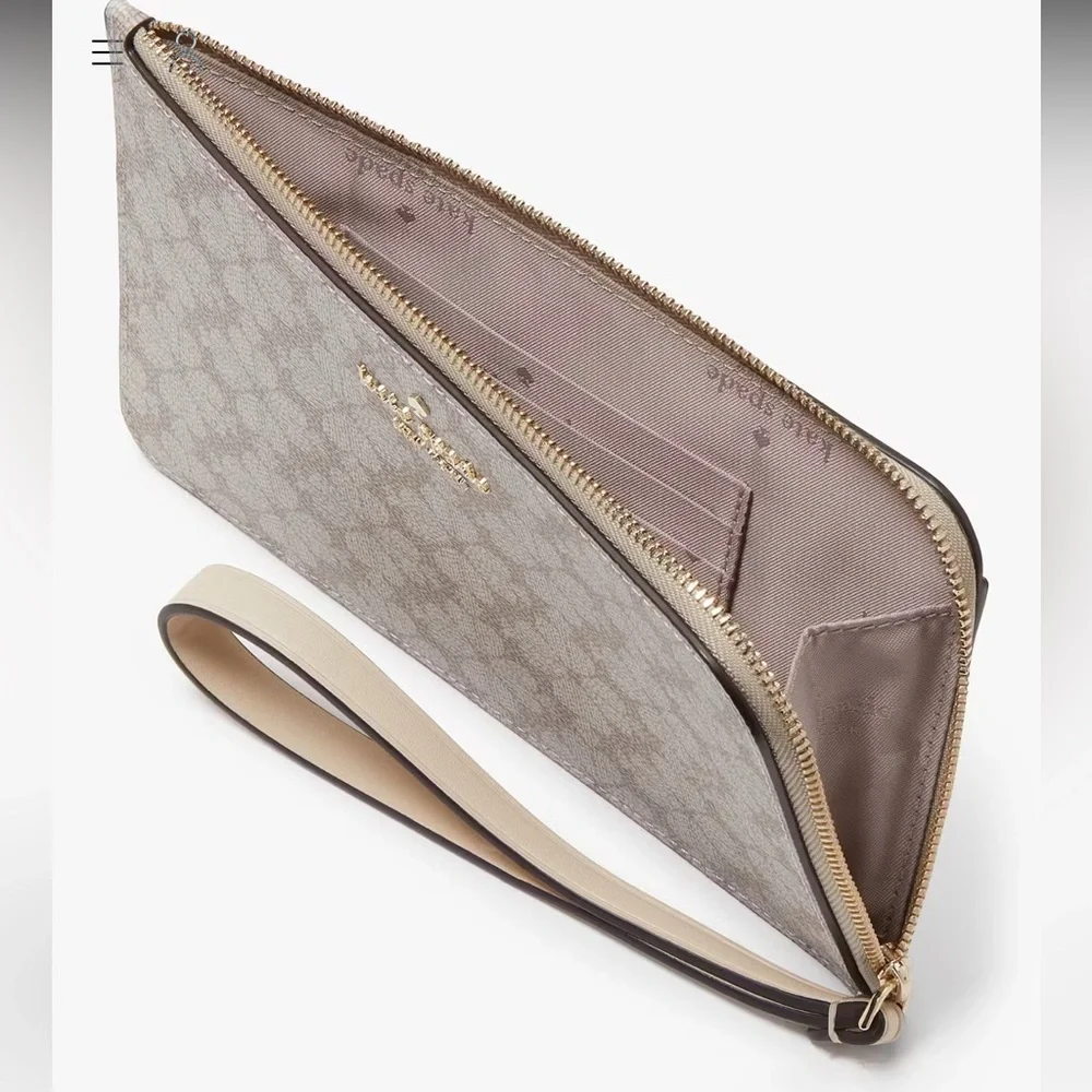 NWT Kate Spade Lucy Flower Medium Zip Wristlet in Dark Beige KG487